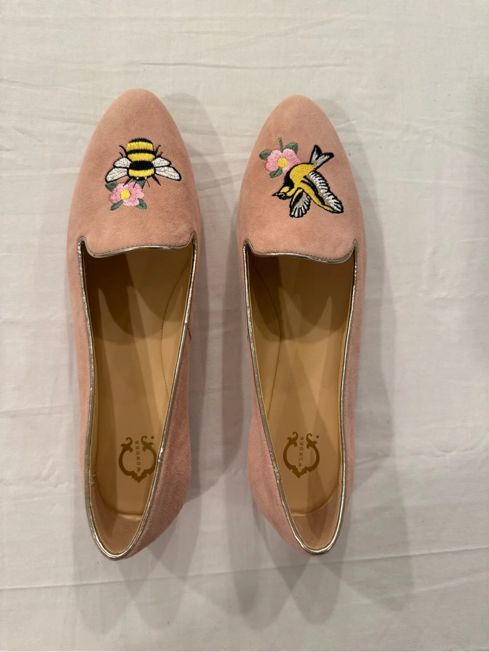 C. Wonder Pink Suede Bee & Floral Embroidered Flats